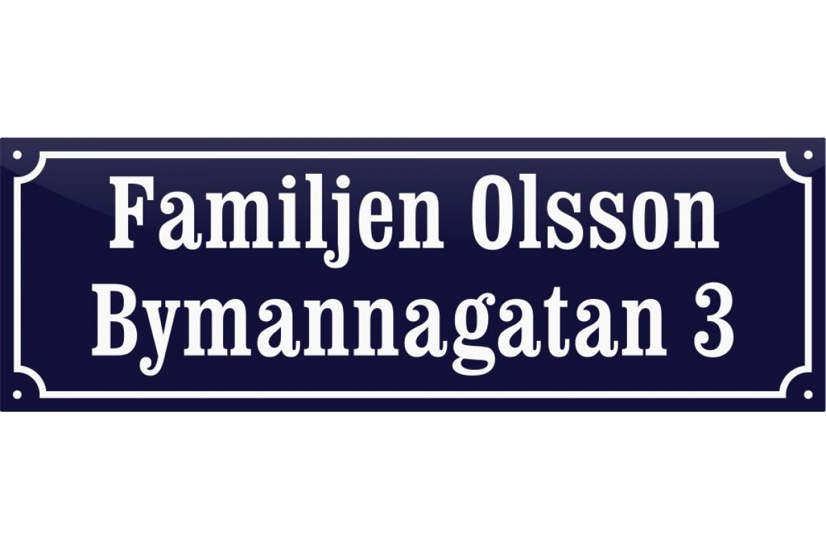 emaljskylt gatuskylt familjen olsson bymannagatan 3 48x16 cm bla och vit personlig med 18+18 bokstaver emaljskylt gatuskylt familjen olsson bymannagatan 3 48x16 cm bla och vit personlig med 18+18 bokstaver