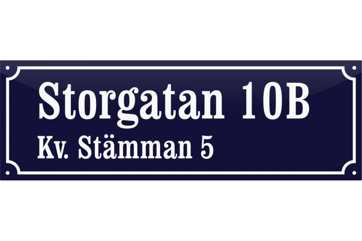 emaljskylt gatuskylt storgatan 10b kv stamman 5 48x16 cm bla och vit personlig med 16+24 bokstaver vanster emaljskylt gatuskylt storgatan 10b kv stamman 5 48x16 cm bla och vit personlig med 16+24 bokstaver vanster