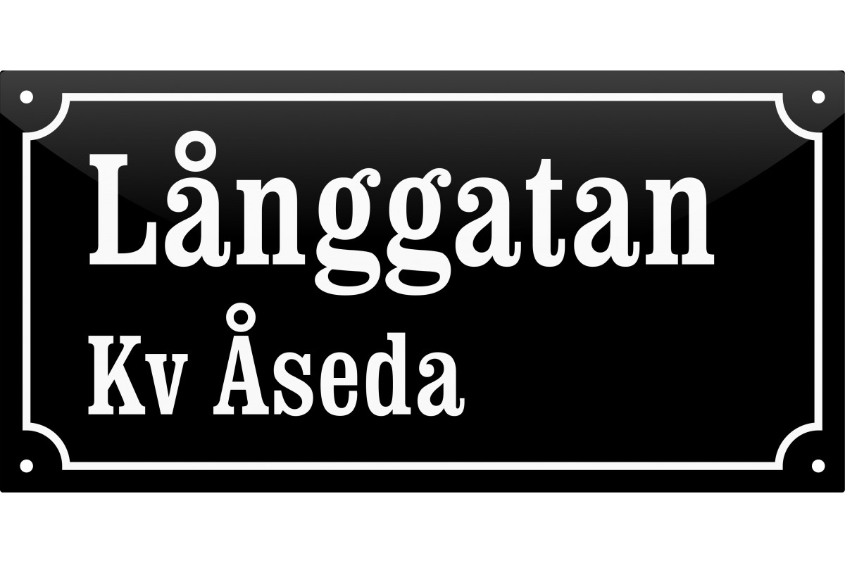 emaljskylt gatuskylt langgatan kv aseda 32x16 cm svart och vit personlig med 12+16 bokstaver vanster emaljskylt gatuskylt langgatan kv aseda 32x16 cm svart och vit personlig med 12+16 bokstaver vanster