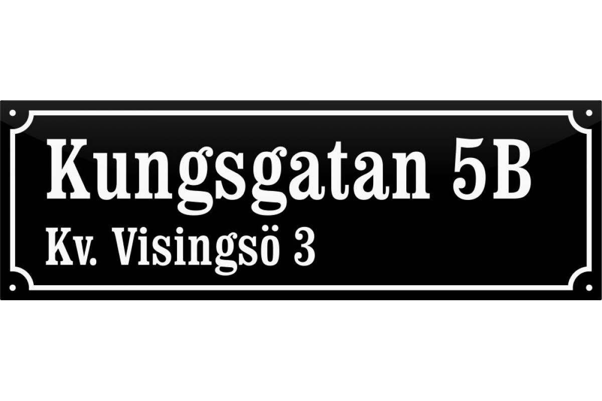 emaljskylt gatuskylt kungsgatan 5b kv visingso 3 48x16 cm svart och vit personlig med 16+24 bokstaver vanster emaljskylt gatuskylt kungsgatan 5b kv visingso 3 48x16 cm svart och vit personlig med 16+24 bokstaver vanster